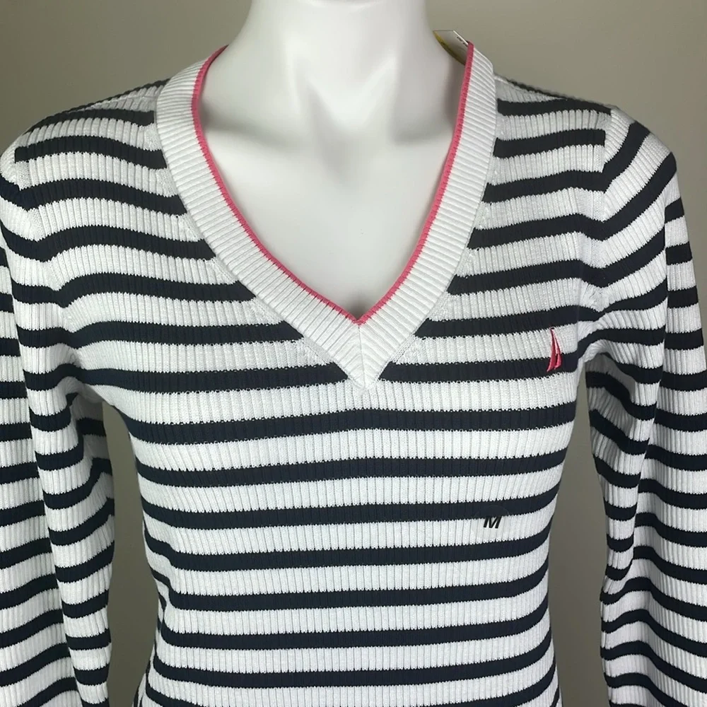 Nautica V-Neck Sweater Navy Seas Pink Stripe Knit